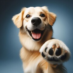 Dog offers paw to viewpoint, in studio setting
