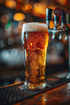 pinte de bi&egrave;re servi avec une tireuse &agrave; bi&egrave;re sur un bar d'un brasserie