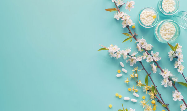 homeopathic medicine bottles with white globules and spring cherry blossoms on turquoise background , copy space for text