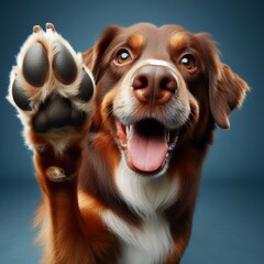 Dog offers paw to viewpoint, in studio setting
