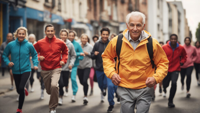 A group of people in bright clothes jogging on the city streets