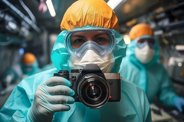 A medical vaccinologist in a protective suit holds a camera in his hands to take pictures of vaccine