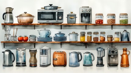 Watercolor of appliance equipment for the kitchen icon set cooking
