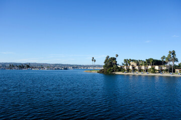 Cozy recreation areas surrounding Santa Barbara Cove at Mission Bay, San Diego, California