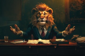   anthropomorphic lion engaged in a debate or discussion, satirizing human communication styles. - obrazy, fototapety, plakaty