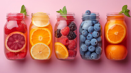 juicy colorful fruits and juice mason jars - obrazy, fototapety, plakaty