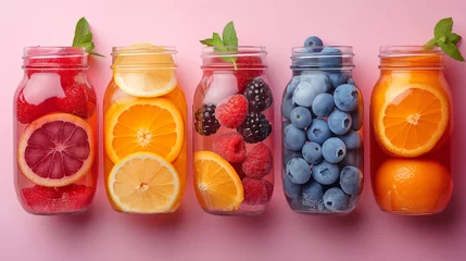 Poster juicy colorful fruits and juice mason jars © natalikp