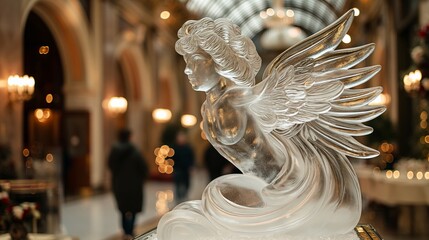 gracefully carved ice sculpture cupid takes center stage in the beautifully decorated wedding hall