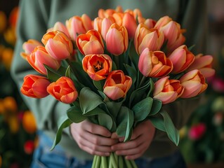 men hands holding big bouquet of tulips