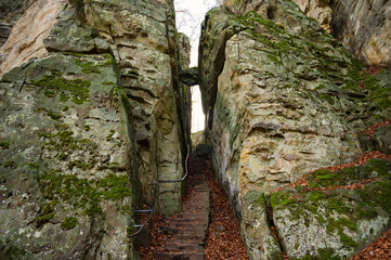 Devil Gorge at the Eifel, Teufelsschlucht with mighty boulders and canyon, hiking trail in Germany,...