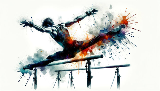 An intense watercolor painting of a male gymnast extending in a flight pose on parallel bars, with dynamic splashes of color highlighting his movement.Sport concept.AI generated.