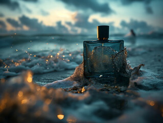 a black perfume bottle on the night beach - obrazy, fototapety, plakaty