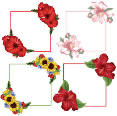 set of square flower frames, namely open buds of various flowers and green leaves with various contours of the square, for posters, banners or holiday cards