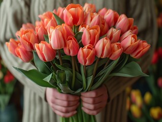 man hands holding big bouquet of tulips