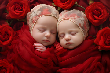 Twin newborn baby girls sleeping on red rose fabric background.