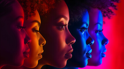 Side view of close-up confidence five black women's face. Red color tone palette. Image for the women's day presentation background.