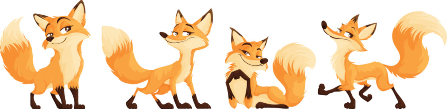 A set of sly foxes. Funny and cunning red fox collection. Animal emotion. Animal character design. Vector illustration isolated on white background.