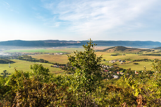 Countryside with mountain ridge of Dolny vrch on slovakian - hungarian borderlands above - view above Zadiel village in Slovensky kras national park