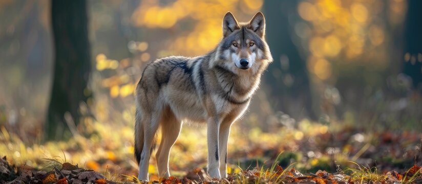 A captivating image of a majestic young grey wolf standing confidently in the enchanting forest.