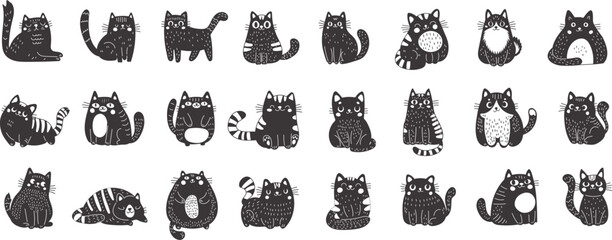 Big set of black cats in linocut style. Cute funny fluffy cats. Perfect for those who appreciate the sweet and whimsical side of feline charm. Vector illustration on a white background.
