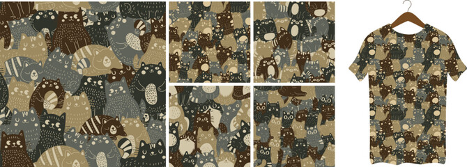 A set of five seamless patterns, a khaki pattern consisting of cats. War paint of kitten silhouettes. Vector seamless illustration.