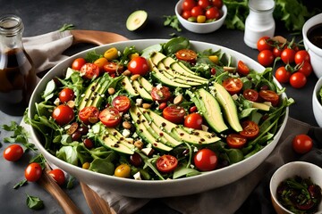 A vibrant salad bowl filled with crisp greens, cherry tomatoes, avocados, and a drizzle of balsamic vinaigrette, capturing the essence of freshness.