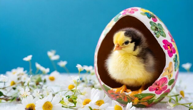 Pulcino in un uovo di pasqua decorato 
