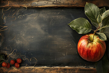 Vintage chalkboard layout with apple motif and handwritten message. 