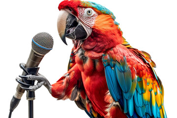 A musical parrot with headphones, holding a microphone, ready to entertain with its vibrant feathers on a transparent background - obrazy, fototapety, plakaty