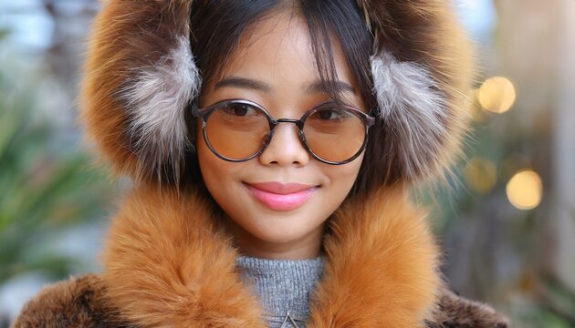 Portrait of an East Asian girl wearing stylish sunglasses. The girl’s hat is a beautiful fur. Her coat is made of red fox fur. She is in natural environment.