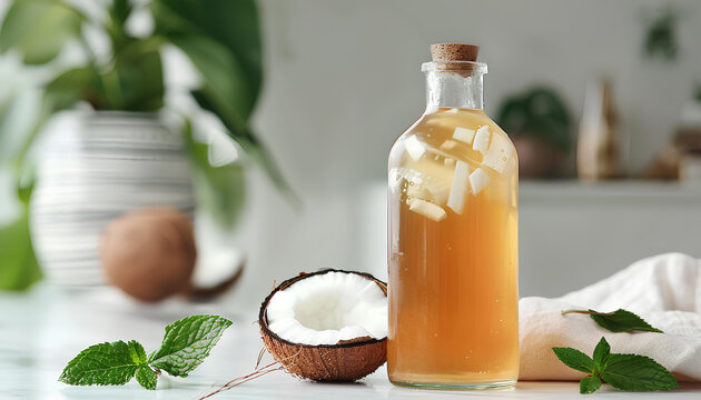 Delicious kombucha in glass bottle, coconut and mint on white marble table