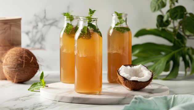 Delicious kombucha in glass bottle, coconut and mint on white marble table