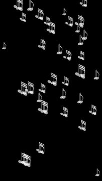 Abstract vertical animation of musical notes on a black background.