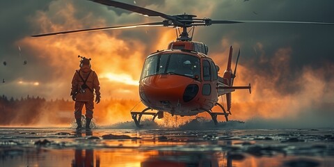 A lone figure strides towards a sleek military helicopter, its powerful rotor spinning against the backdrop of an outdoor landscape, evoking a sense of urgency and transport to unknown heights - obrazy, fototapety, plakaty