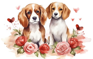 watercolor cartoon illustration, cute two dog sitting together with rose flower blossom, white background,  Generative Ai