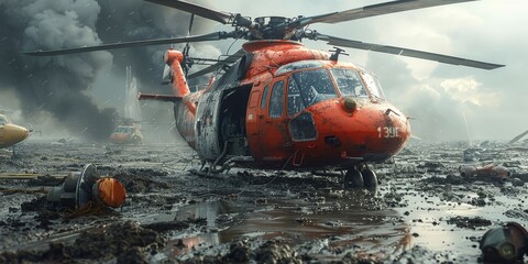 A powerful military helicopter battles through thick mud with its massive rotorcraft propeller, showcasing its rugged outdoor capabilities as a versatile transport vehicle - obrazy, fototapety, plakaty
