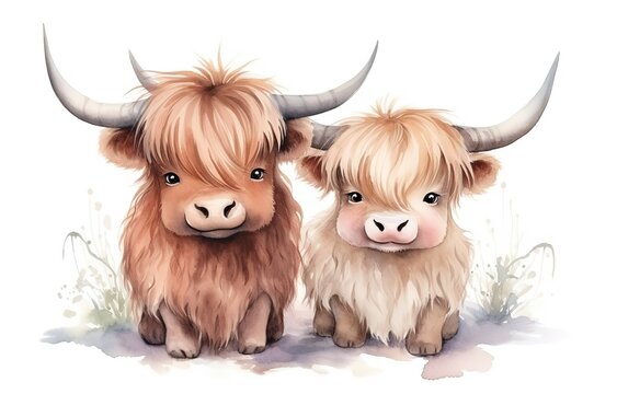 watercolor style illustration, two cute highland cow in winter snow fall, baby animal nursery clipart isolated on white background, Generative Ai