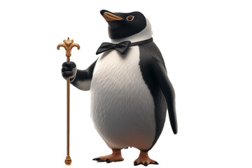 A penguin elegantly dressed in a tuxedo, holding a golden cane, ready for a formal event on a transparent background,