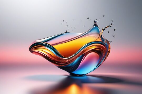 a high quality stock photograph of a single 3d rendering flowing liquid glass shape. Minimal glossy color wavy fluid motion