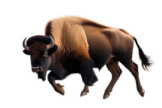 a high quality stock photograph of a single jumping happy bison isolated on a white background