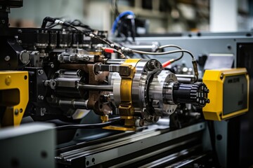 Fototapeta premium Detailed View of a Blow Molding Machine Nozzle Amidst the Bustling Industrial Environment