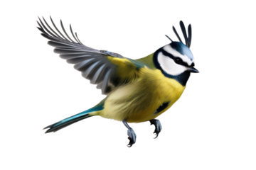 a high quality stock photograph of a single flying happy blue tit isolated on a white background