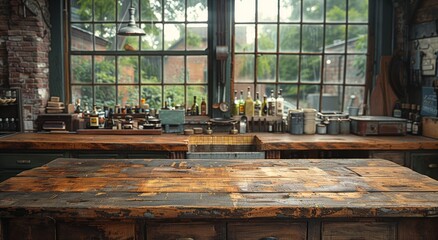 A rustic wooden table stands proudly in the cozy indoor kitchen, illuminated by the warm natural light pouring in through the window