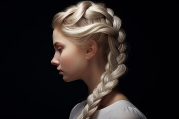 Side view of blond young woman with plaited hairstyle - obrazy, fototapety, plakaty