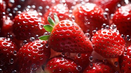 Abstract ripe strawberries with water drops and leaves on table, bright light background