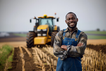 Joyful Farmer with Tractor Plowing Fields. Happy African farmer in overalls standing in front of a tractor on a freshly plowed field, smiling confidently.