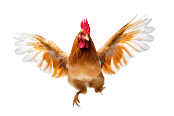 a high quality stock photograph of a single jumping happy chicken isolated on a white background