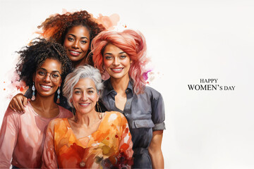 Diverse group of women smiling, celebrating togetherness, artistic happy women's day concept illustration