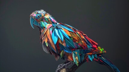 Obraz na płótnie Canvas Colorful Mechanical Parrot Perched on a Branch: A Fusion of Nature and Robotics with Vibrant Feathers and Gears