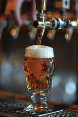 Fototapeta na wymiar 9:16 Beer tap pouring a draught beer in glass serving in a bar or pub.